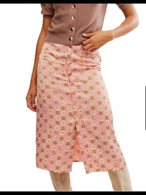 Free People Analise Pink Floral Button Front Midi Skirt, Sz 4